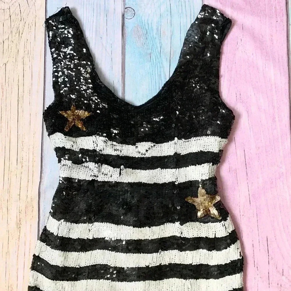 Vintage cache black and white sequins mini dress sleeveless size small - Picture 4 of 11